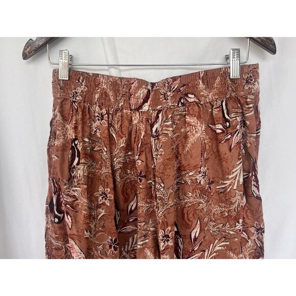 Tahari Linen Pants Women M Bird Floral Tropical Wide Leg Crop Pull On Cottage - Picture 4 of 6